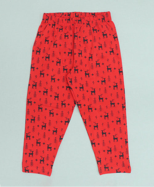 Reindeer Pattern Cotton Knit Full Length Printed Lounge Pants